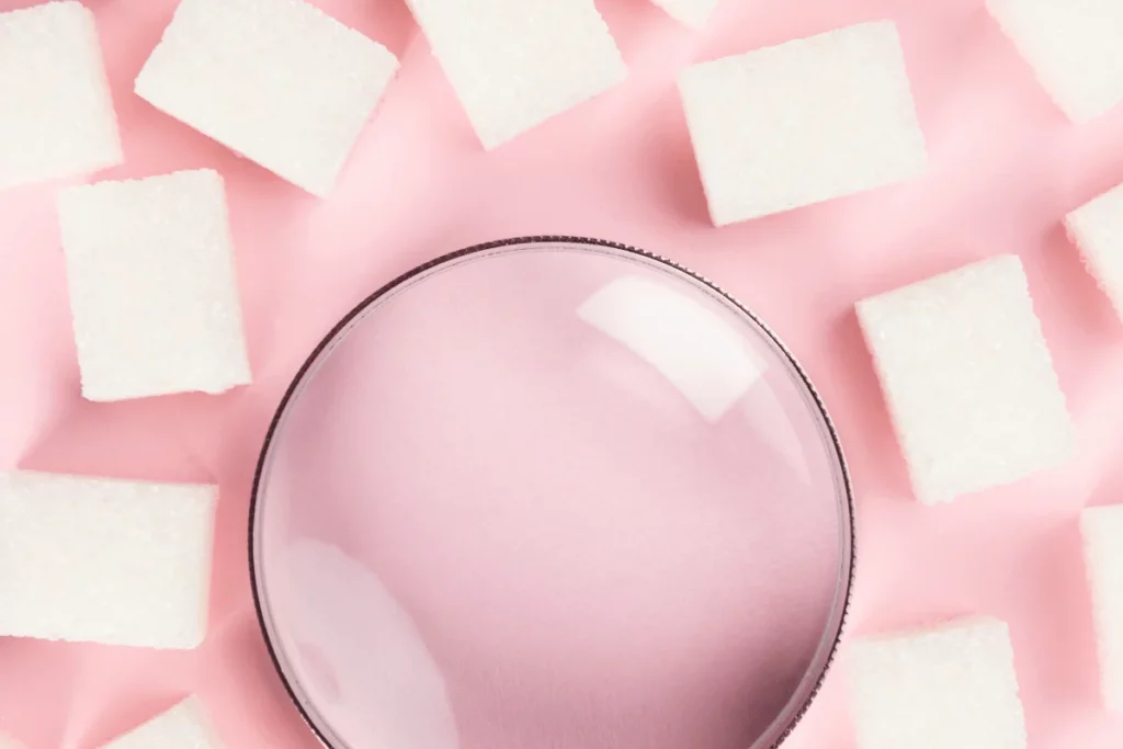 Magnifying glass surrounded by sugar cubes on a soft pink background.