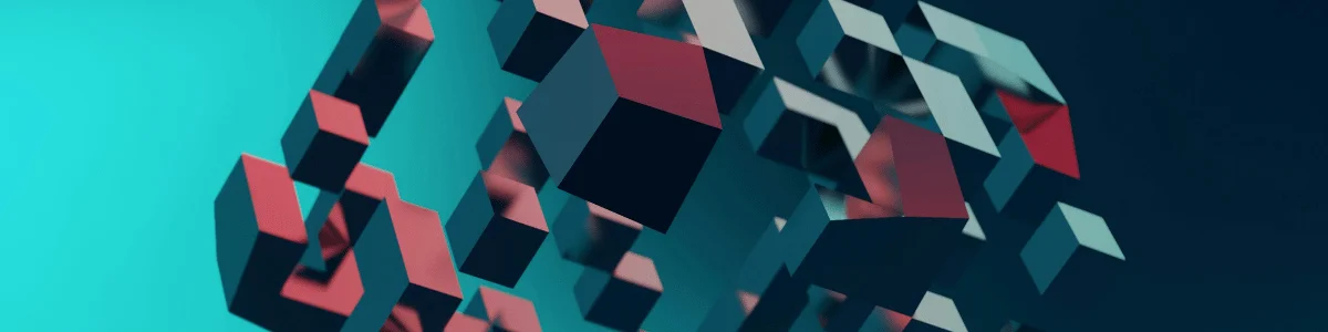Abstract 3D composition of floating cubes in shades of blue, red, and gray, creating a dynamic and modern visual effect.