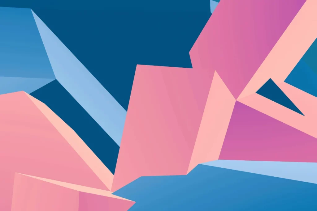 Modern digital artwork with overlapping pastel pink and bold blue polygonal forms.