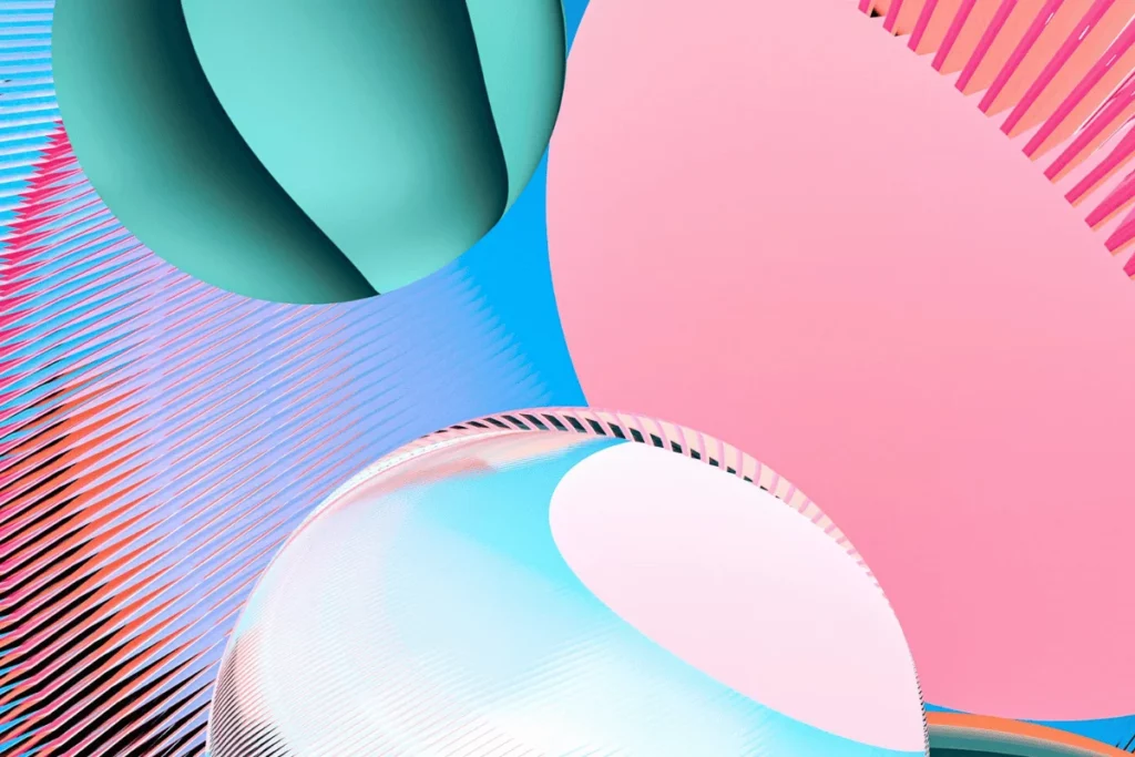 Digital abstract art combining pastel spheres and wavy gradient textures on a vibrant background.