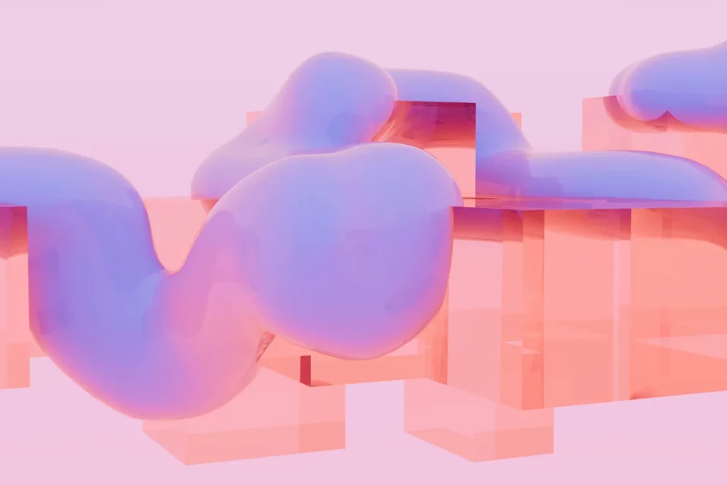 Futuristic and minimalistic arrangement of lavender shapes blending with translucent pink cubic elements.