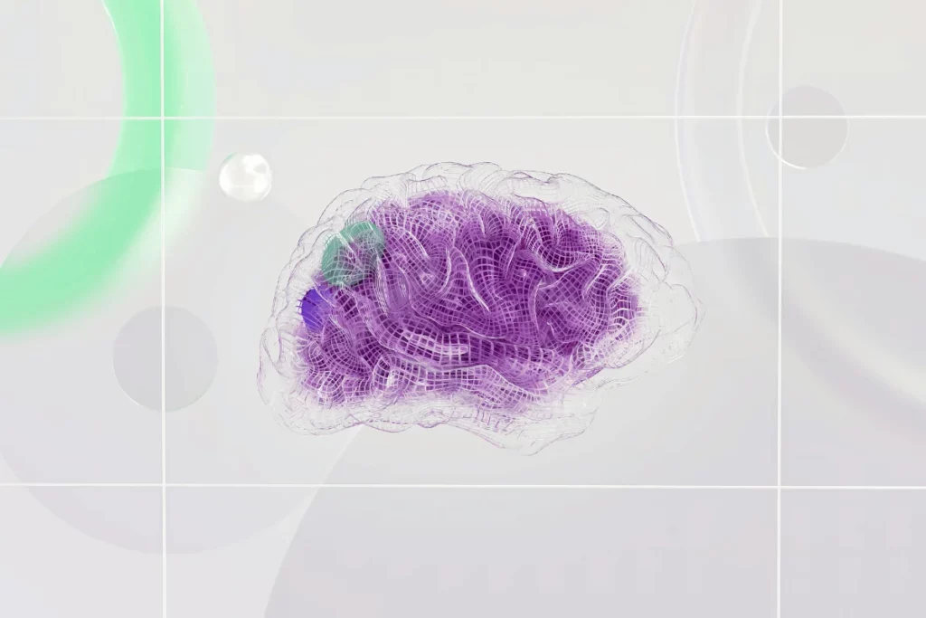 Digital brain illustration in purple with transparent mesh design.