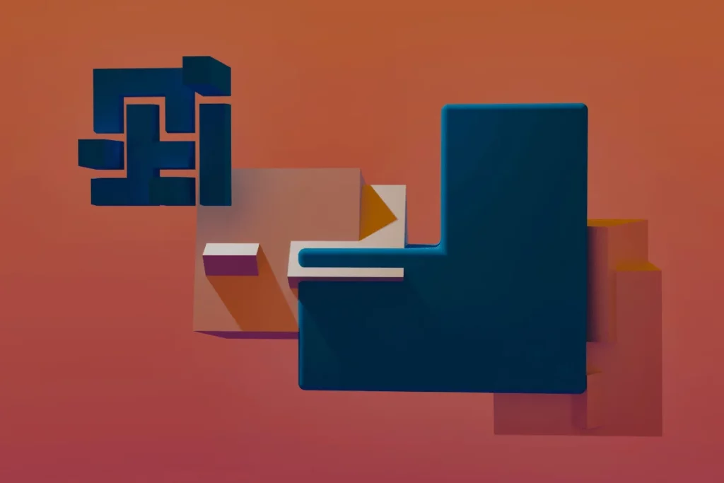Abstract 3D geometric shapes in blue and beige set against a gradient orange background.
