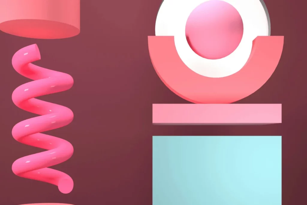 Pink 3D spiral and geometric shapes on a maroon background.