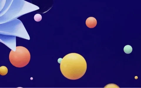 Colorful 3D abstract scene with floating spheres and origami-like flower.