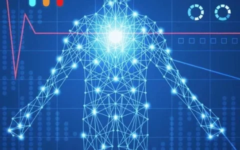 A digital representation of a human figure, surrounded by health data symbols, brain imagery, and DNA strands on a blue background.