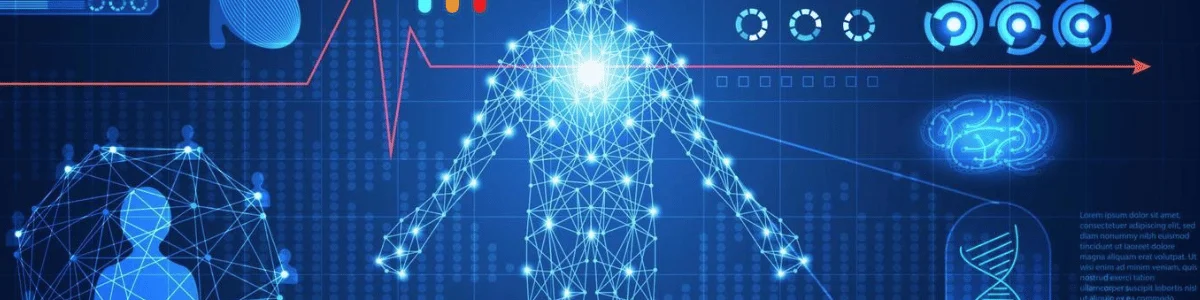 A digital representation of a human figure, surrounded by health data symbols, brain imagery, and DNA strands on a blue background.