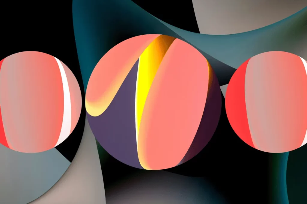 Surreal abstract design with spherical shapes and fluid light reflections.