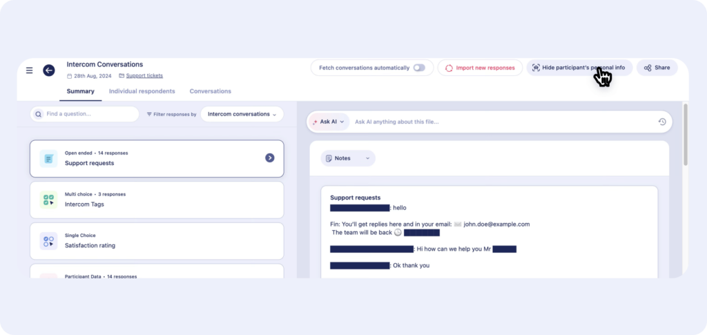 ai redacting personal information from a support request