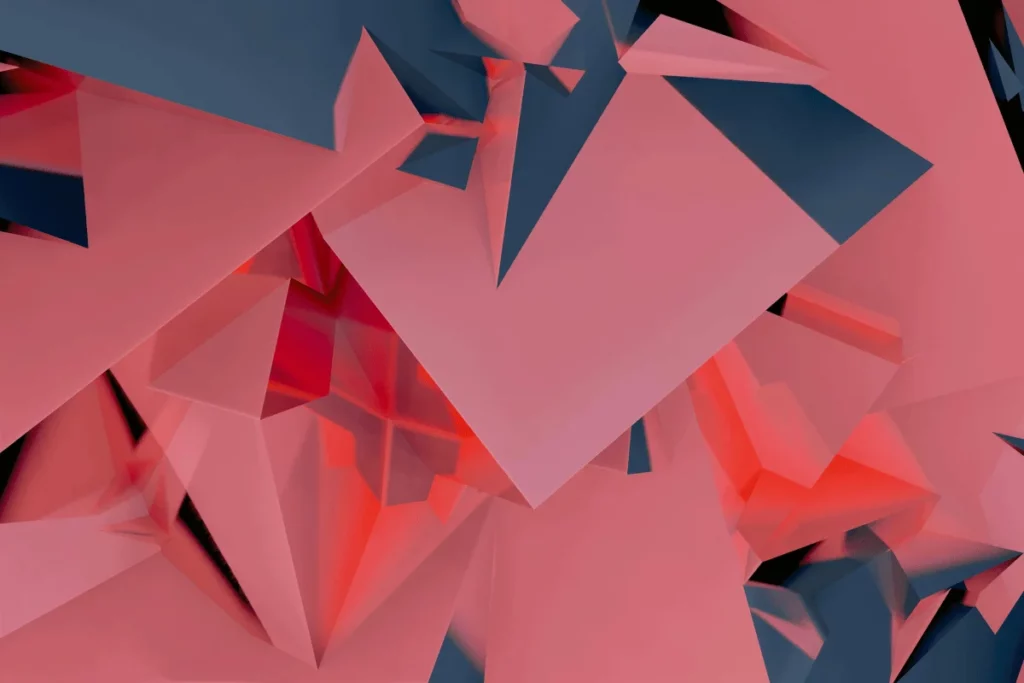 Abstract geometric composition with overlapping pink and blue translucent shapes.