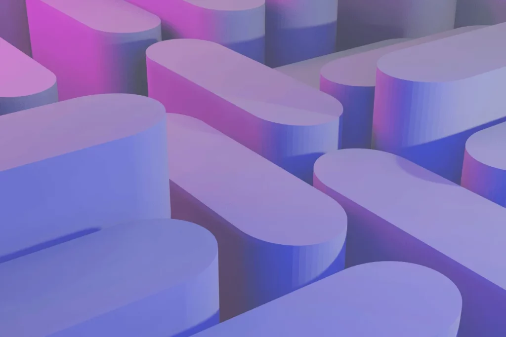 Abstract 3D design of pill-shaped columns in pink and purple hues.