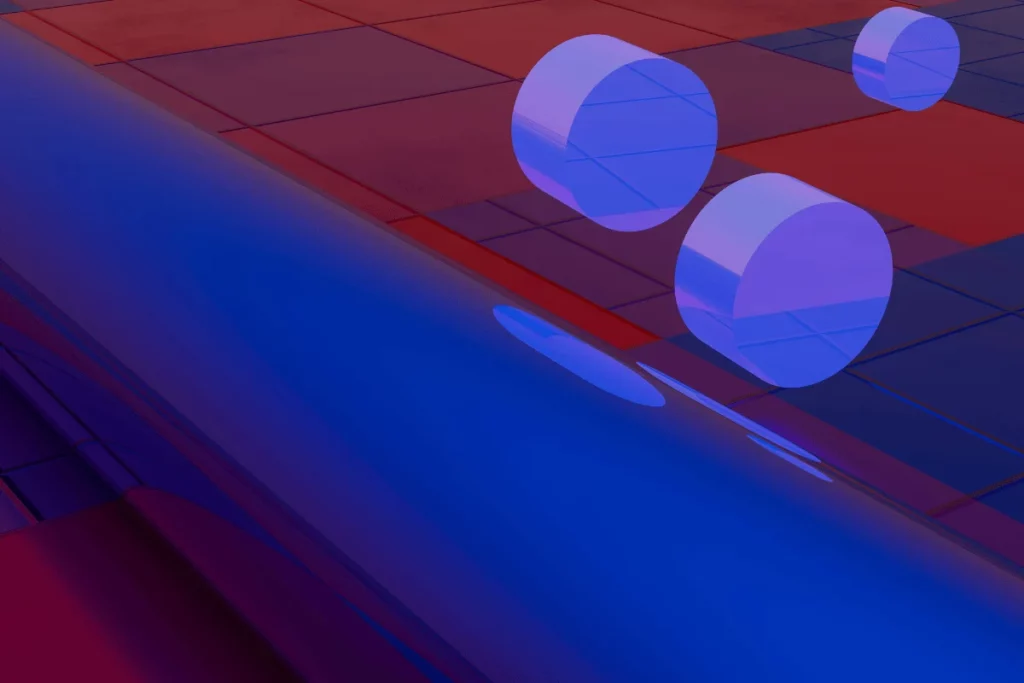 Abstract 3D design with floating transparent purple and blue cylinders above a red and blue grid.