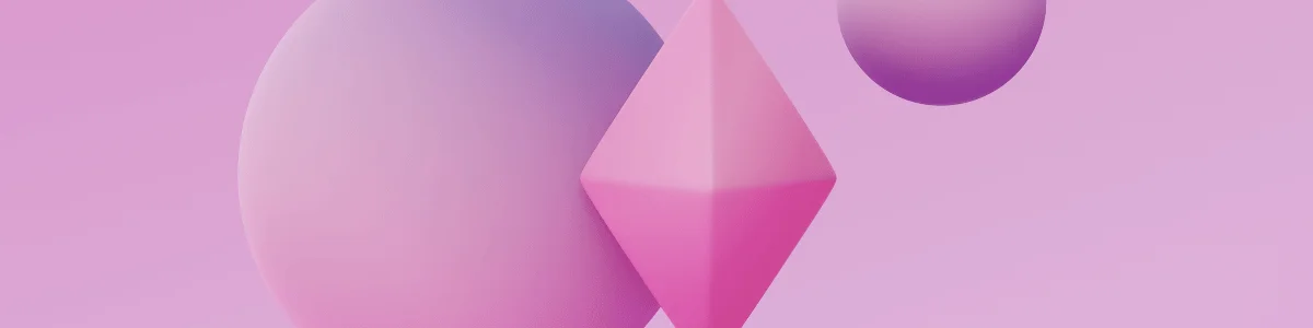 Abstract design featuring a pink pyramid and two spheres against a gradient pink background. Modern and artistic composition.
