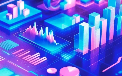 A vibrant digital dashboard displaying various 3D bar graphs and line charts in blue and pink neon colors, representing data analysis.