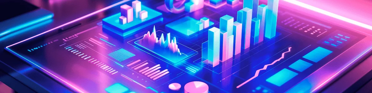 A vibrant digital dashboard displaying various 3D bar graphs and line charts in blue and pink neon colors, representing data analysis.