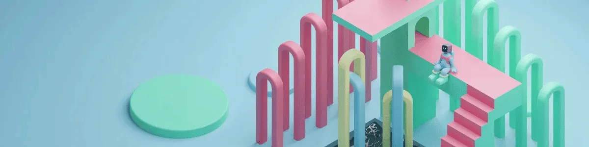 Abstract pastel 3D structure with stairs and arches on a blue background.