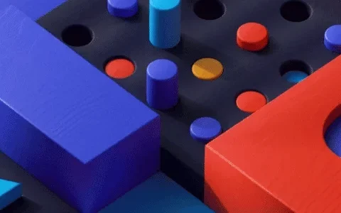 Colorful geometric wooden blocks in a 3D abstract layout.