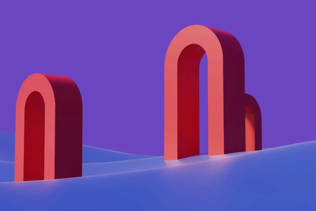 Red 3D arch structures on a wavy blue surface with purple background.