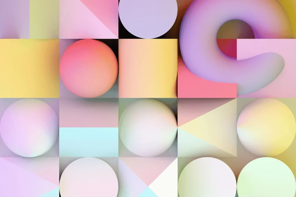 Colorful 3D geometric shapes arranged in a pastel-toned grid.