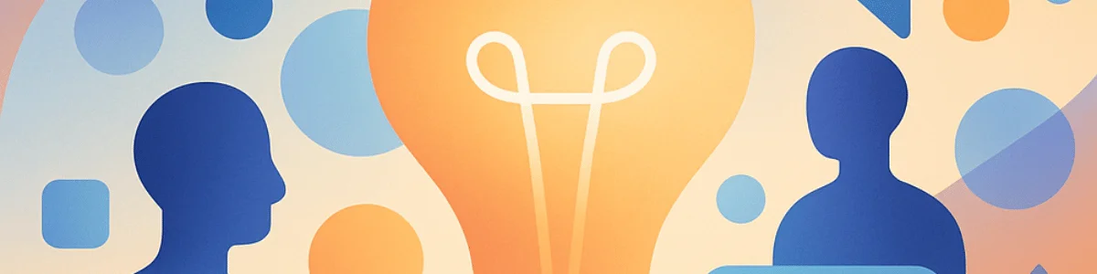 Two silhouettes facing each other with a glowing light bulb between them, symbolizing the exchange of ideas and creativity.