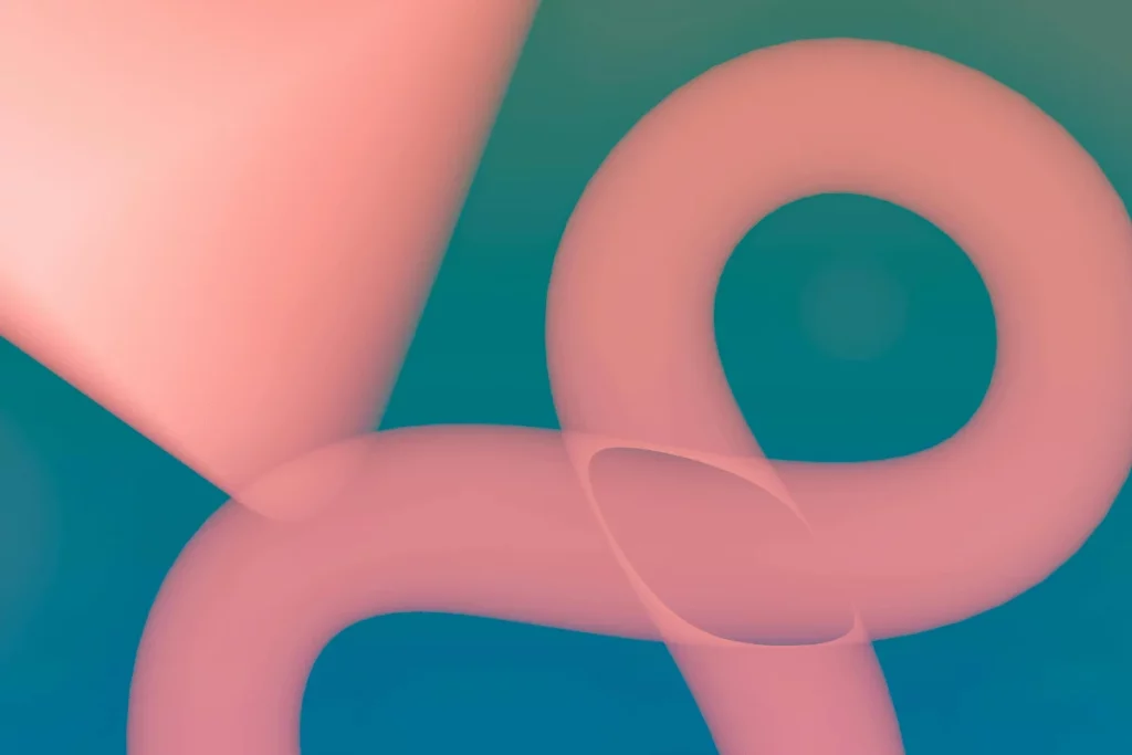 Smooth 3D ribbon swirl in peach tones on blue backdrop.