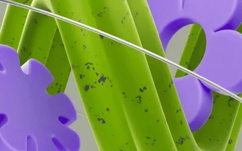 Abstract composition featuring vibrant green shapes intertwined with purple floral elements against a neutral background.