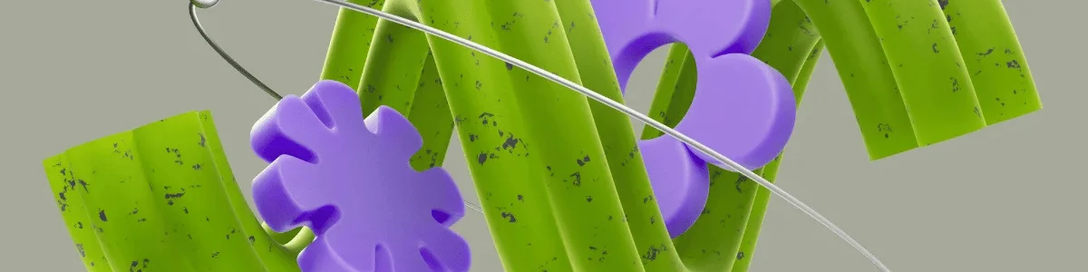 Abstract composition featuring vibrant green shapes intertwined with purple floral elements against a neutral background.
