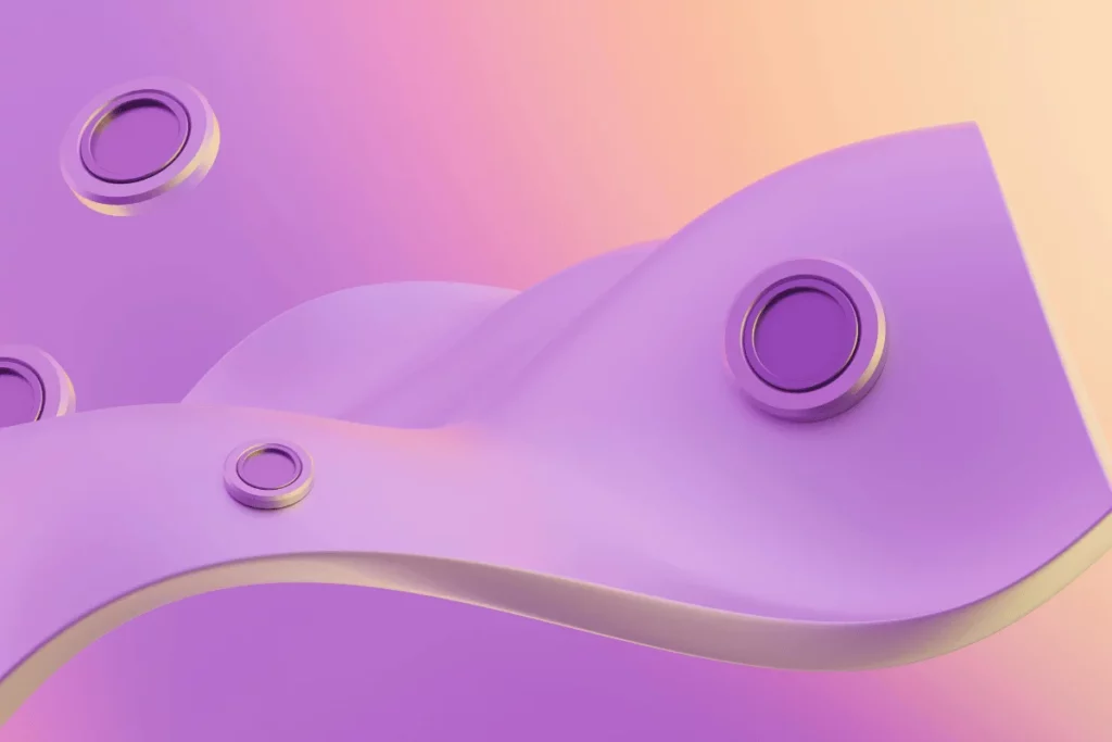 Abstract 3D waves in soft purple with circular elements floating above.