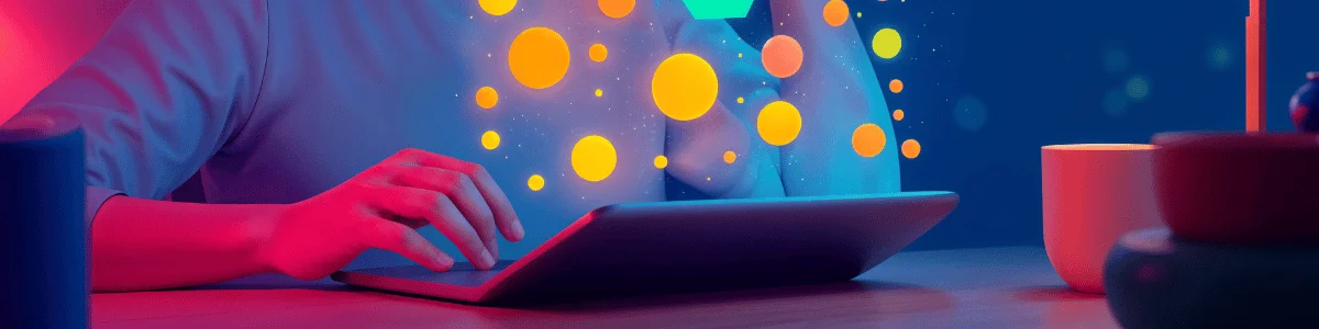 A person using a tablet with colorful, glowing orbs floating around them, illuminated by vibrant blue and pink lighting.