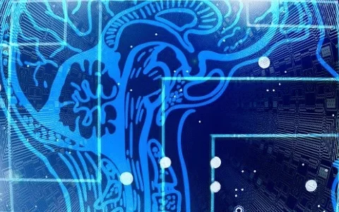 Abstract design featuring a blue brain overlaid on intricate circuit patterns, symbolizing the fusion of technology and intelligence.