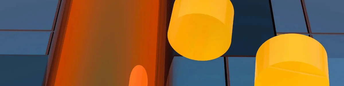 Abstract design featuring vibrant orange and yellow geometric shapes against a backdrop of blue and brown grids.