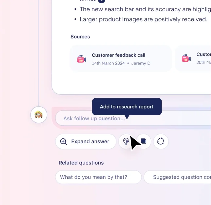 Screenshot of a user interface displaying customer feedback, options to expand answers, and related questions on a pink background.