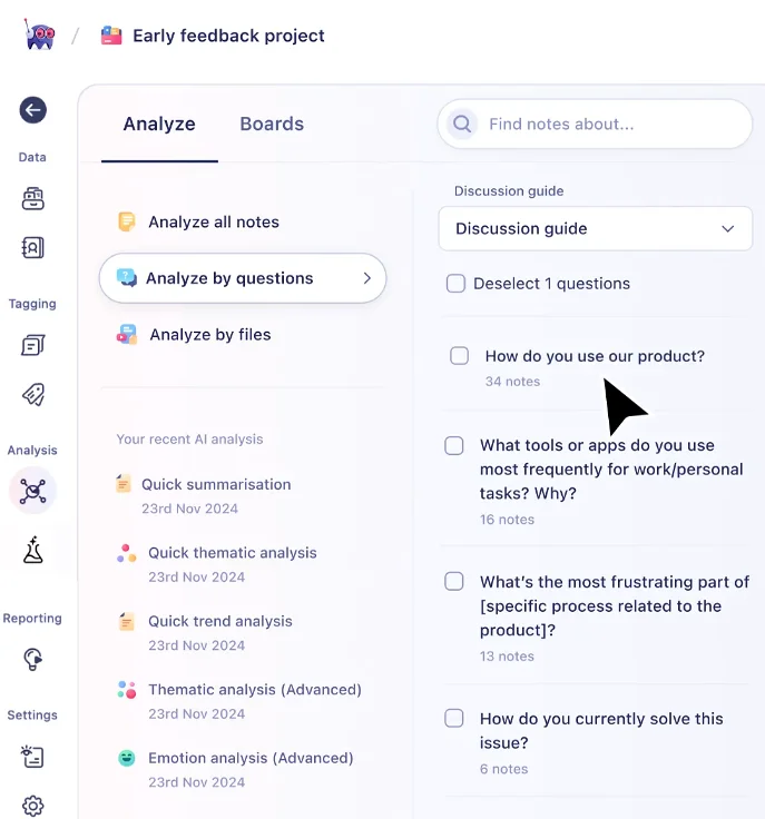UX research dashboard analyzing product feedback questions.