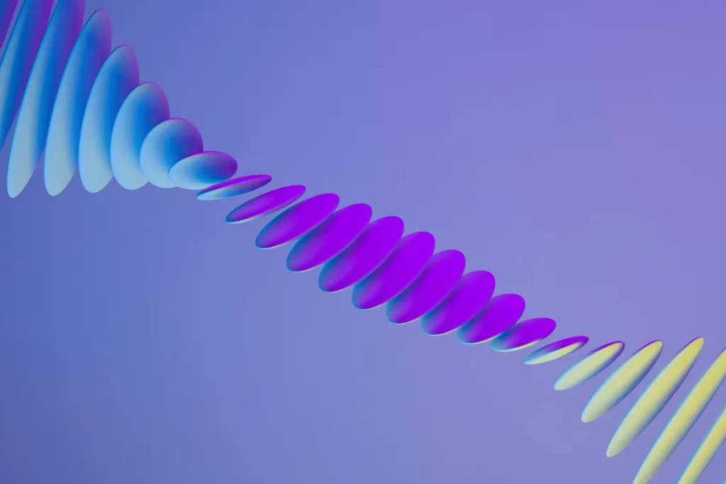 Gradient-colored discs forming a twisting 3D shape in digital space.