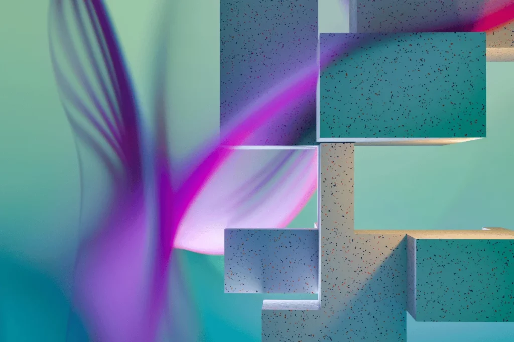 Abstract 3D composition with terrazzo-style blocks and purple light streaks.