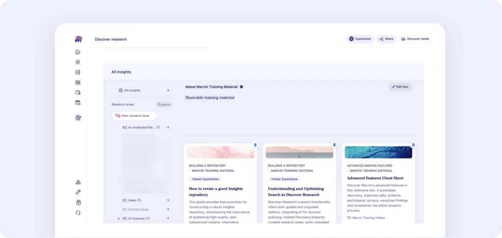 pinned insights in marvin discover research tab