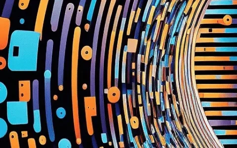 Abstract digital design featuring colorful curved lines and geometric shapes against a dark background, creating a vibrant visual effect.