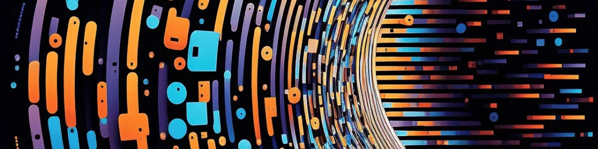 Abstract digital design featuring colorful curved lines and geometric shapes against a dark background, creating a vibrant visual effect.
