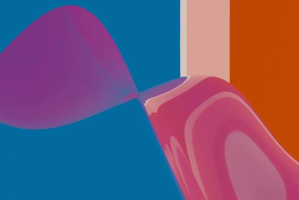 Abstract pink and purple fluid wave against a blue and orange backdrop.