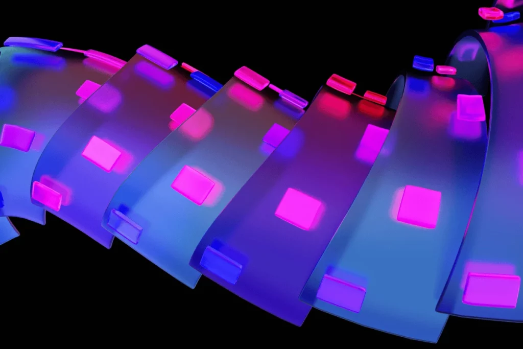 Abstract 3D spiral with neon purple and red square elements.