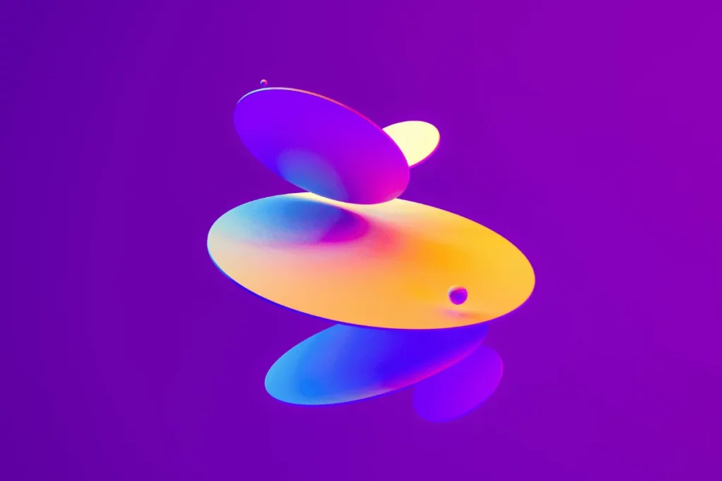 Digital artwork of glowing orbs and discs in pink, blue, and gold.