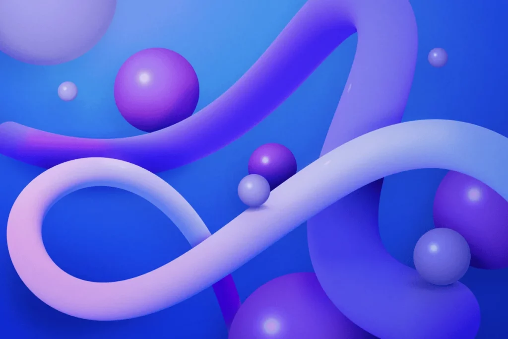 3D abstract design with purple spheres and fluid ribbon shapes on a blue background.