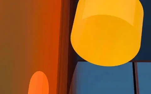 Abstract image of geometric yellow shapes floating over a reflective glass surface with a gradient orange background.