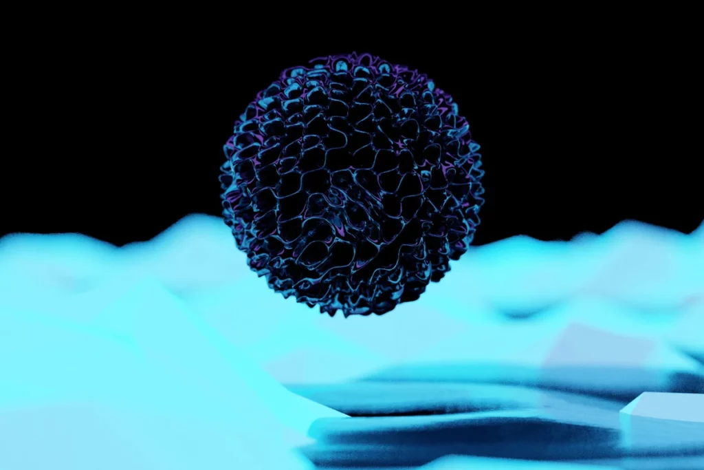 Dark spiky sphere floating above glowing blue surface.