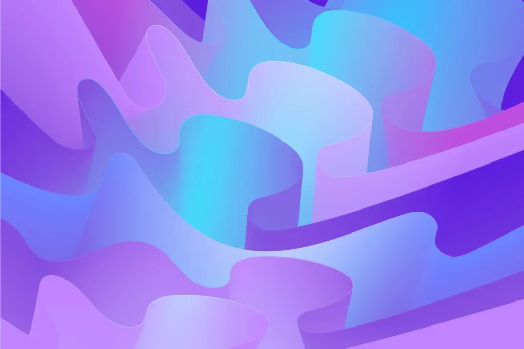 Wavy 3D abstract layers in purple and blue gradient.