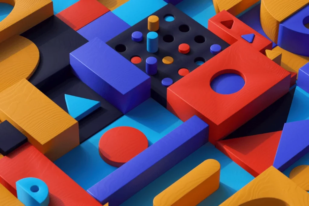 Multicolored shapes including circles, triangles, and rectangles.