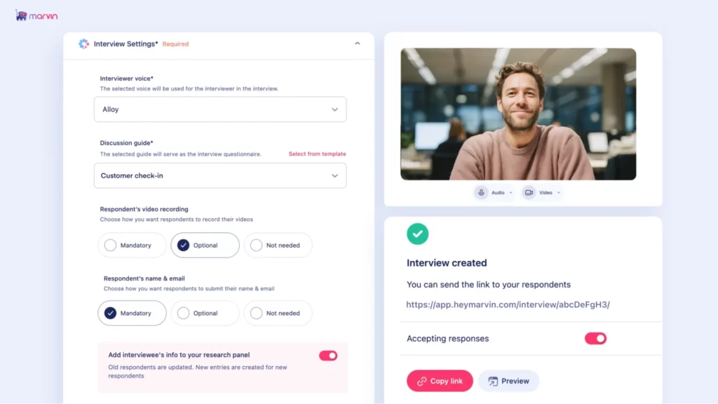 A digital interface displaying interview settings, including options for voice, discussion guide, and respondent recording preferences.