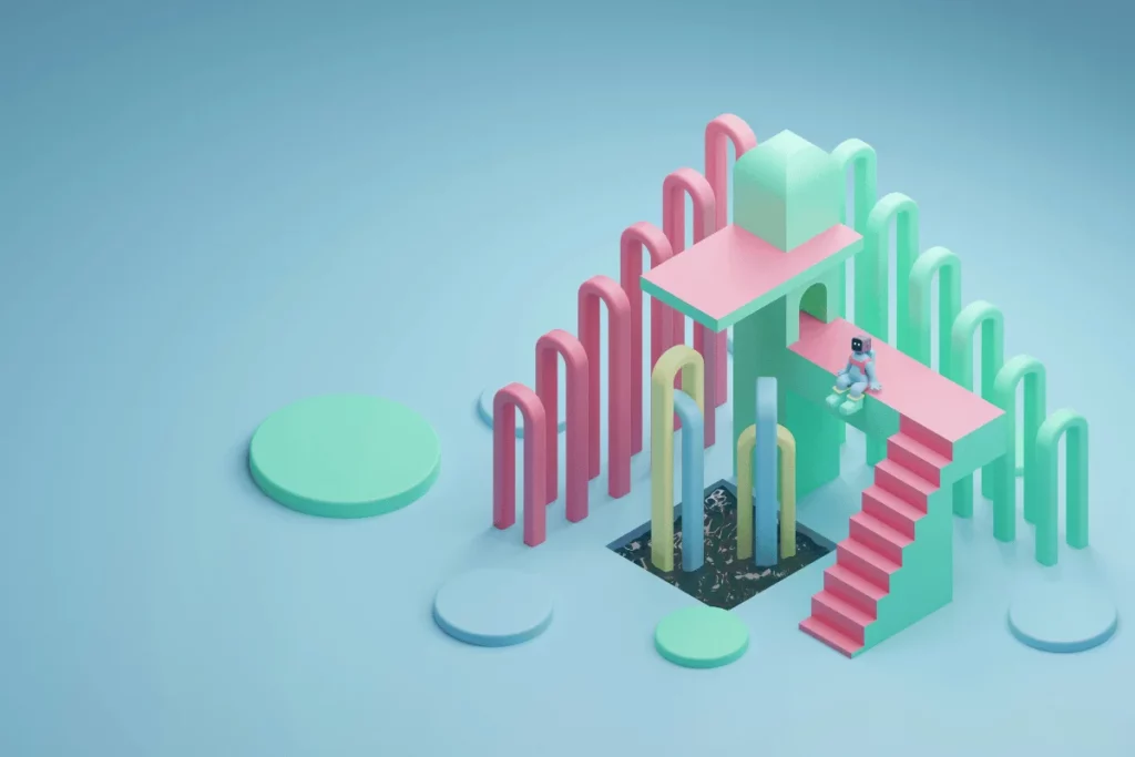 Futuristic playground design in mint, pink, and yellow with a seated robot figure.