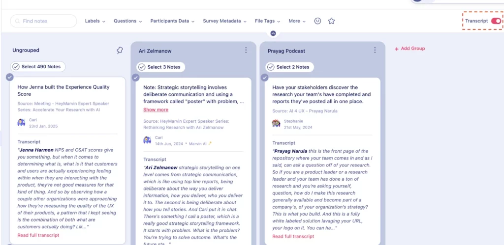 Screenshot displays notes from a research meeting, highlighting topics on experience quality, storytelling, and stakeholder engagement.
