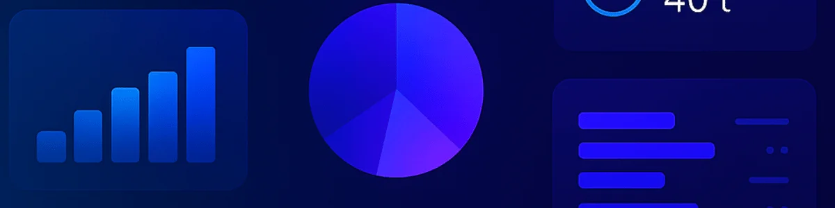 A digital dashboard displaying various data visuals: a bar chart, pie chart, circle with data, and text boxes on a dark blue background.